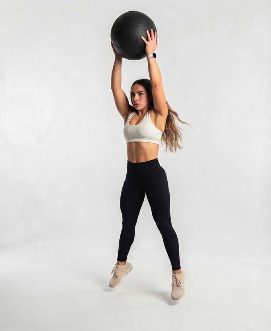 A dancer lifting a medicine ball overhead in a bright studio.