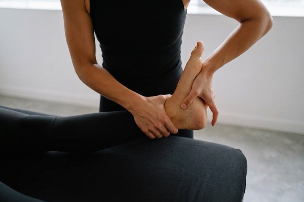 A physiotherapist treating a dancer’s lower leg on a treatment table.